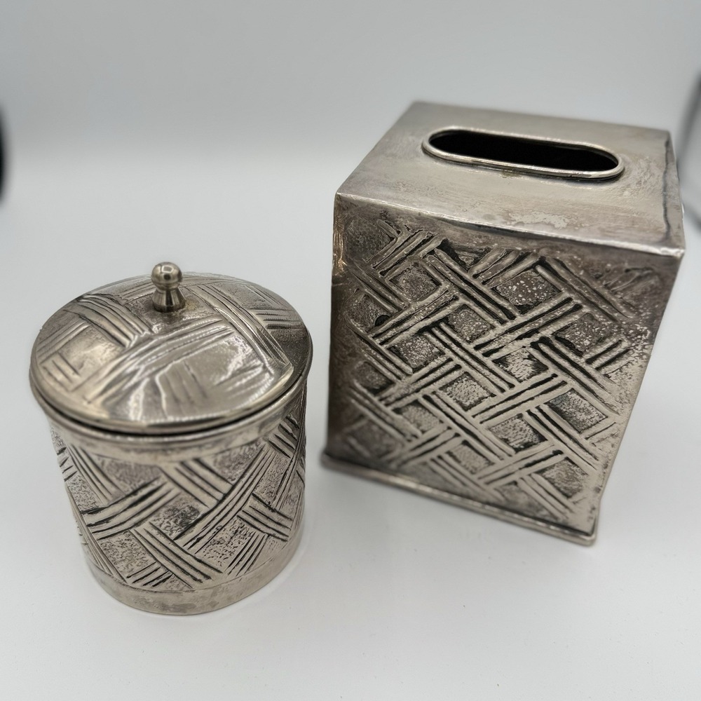 Silver Tone Bathroom Accessory Set Tissue Cover Canister Jar Basketweave Decor - Picture 1 of 3